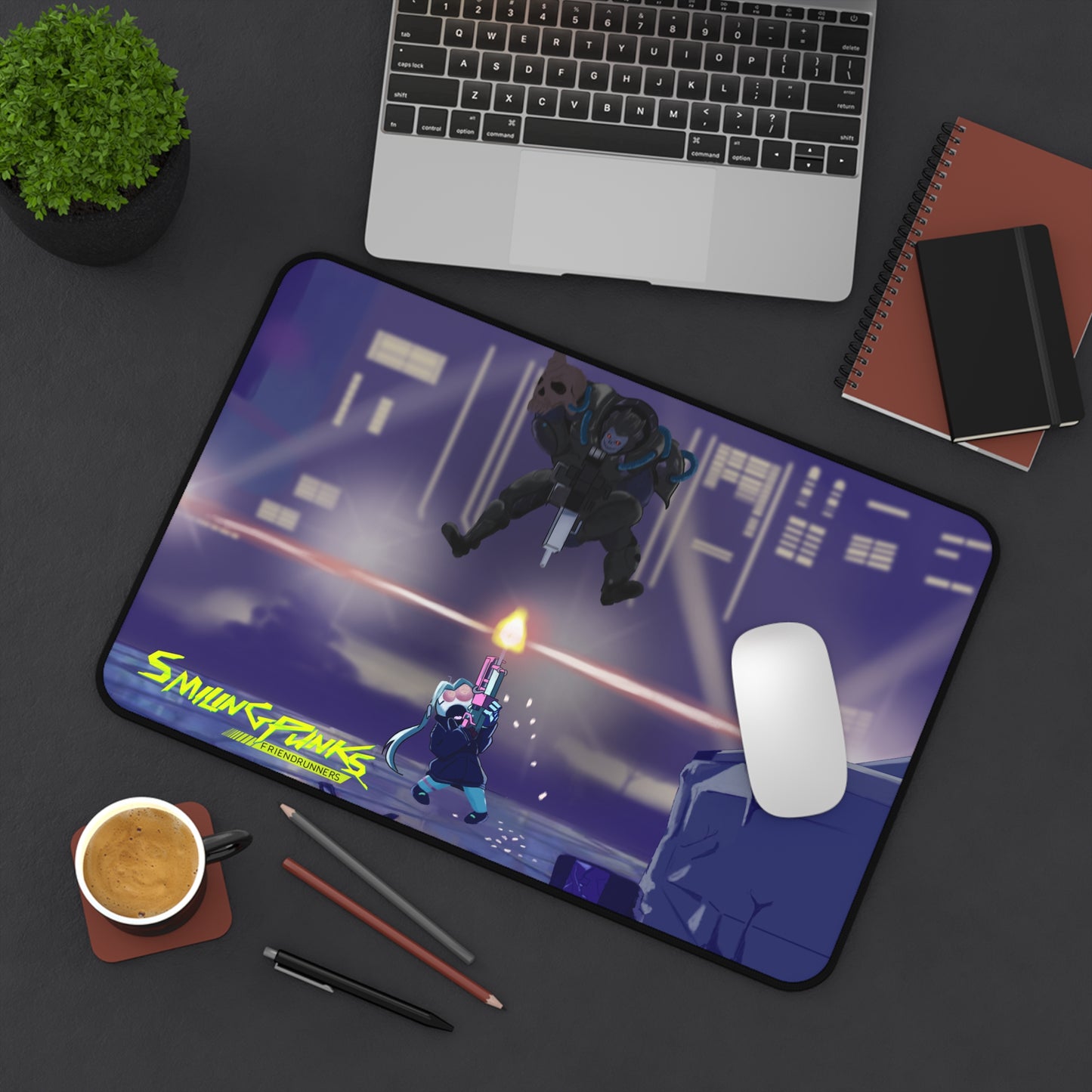 Cyberpunk Desk Mat — 'Smiling Punks' Neon Shooter Gaming Mouse Pad