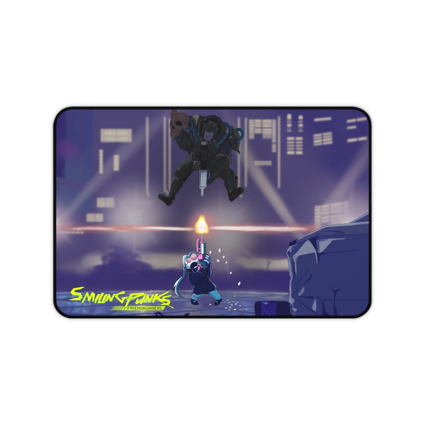 Cyberpunk Desk Mat — 'Smiling Punks' Neon Shooter Gaming Mouse Pad