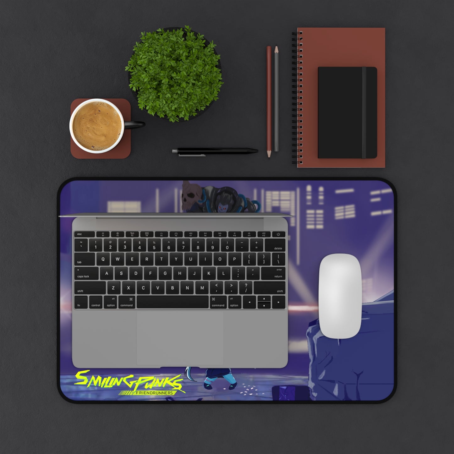 Cyberpunk Desk Mat — 'Smiling Punks' Neon Shooter Gaming Mouse Pad